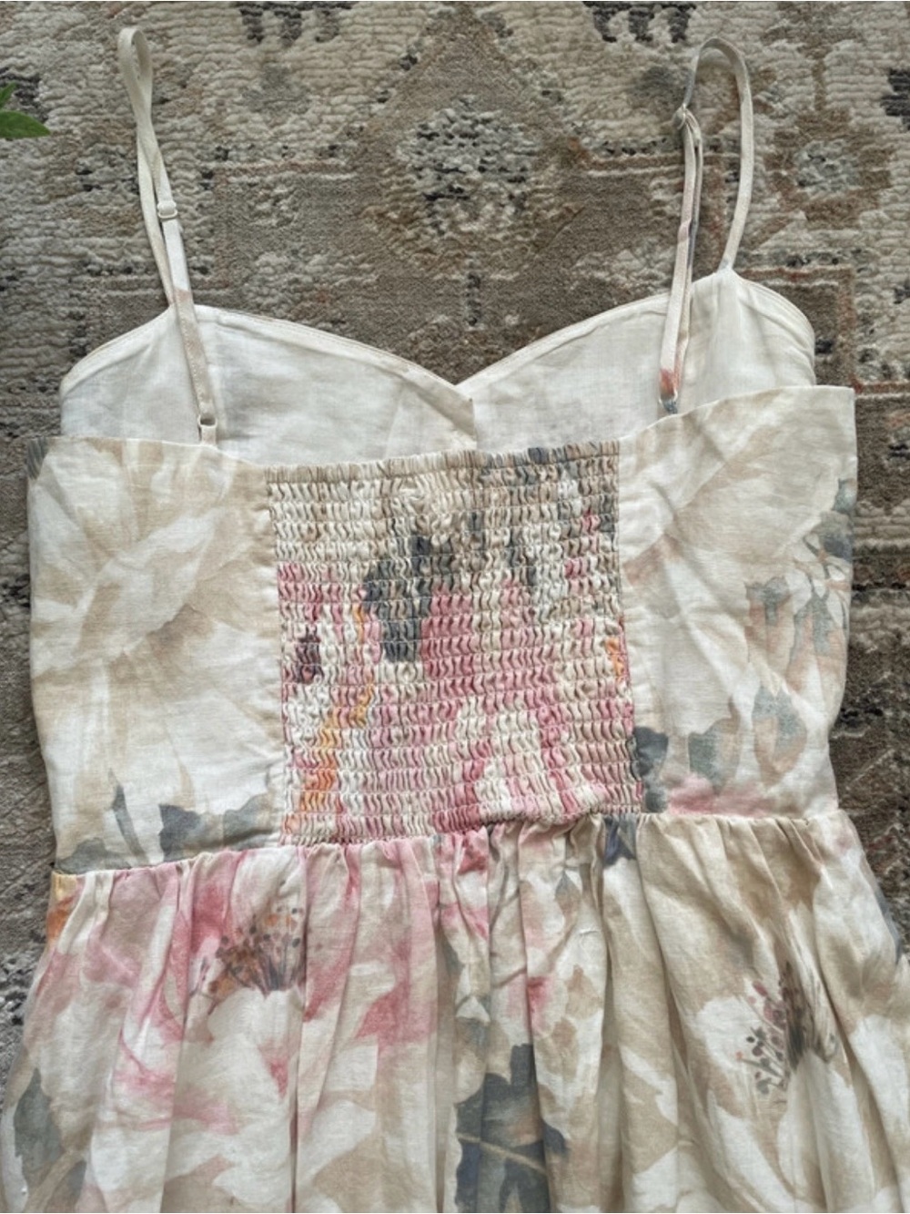 H&M Cream Floral Smocked Bust Midi Dress with Pink and Orange Accents - Picture 5 of 10